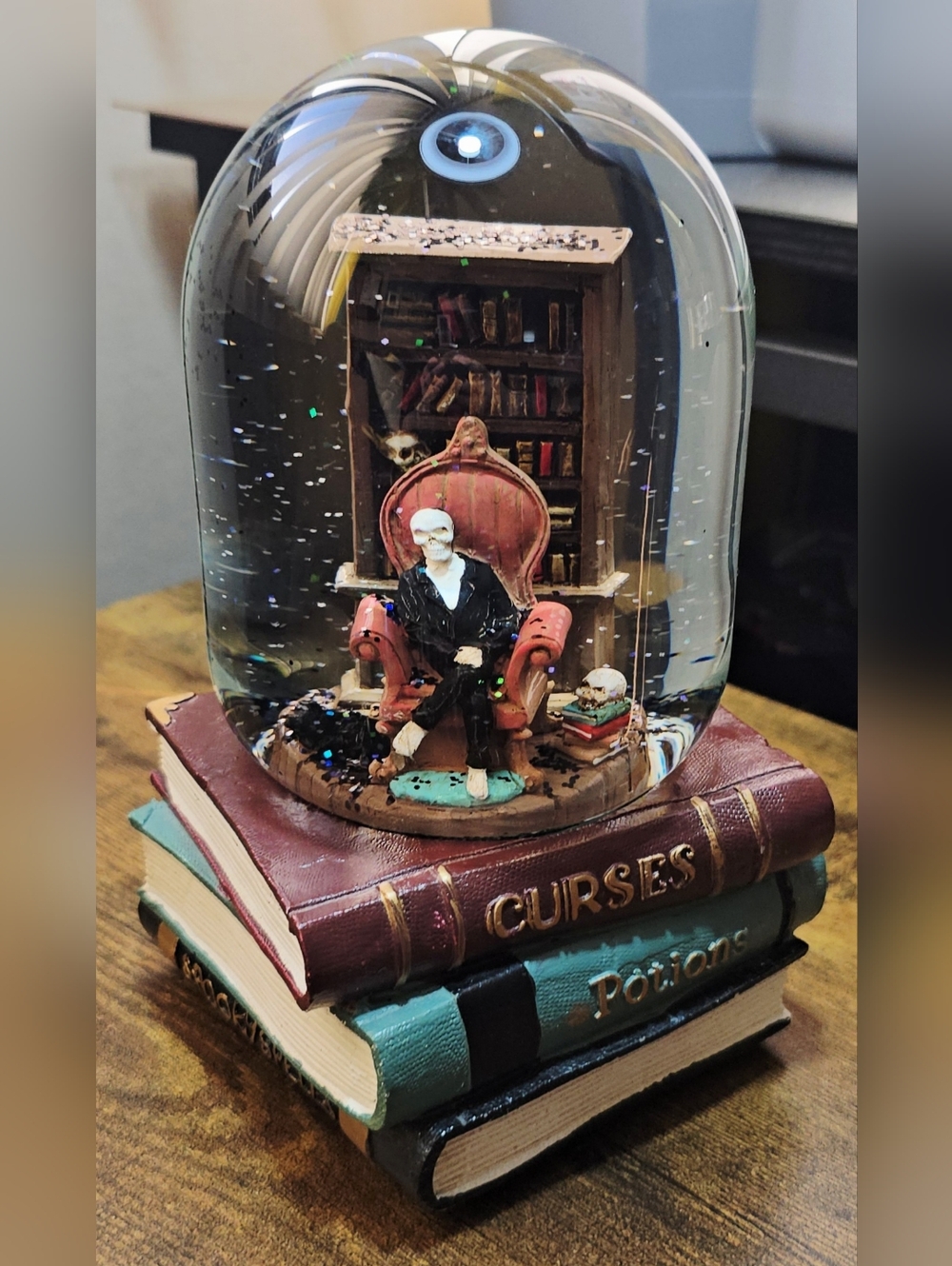 Broomstick Blvd Halloween Skeleton musical snow globe, Curses Potions Spell Book - Picture 7 of 10